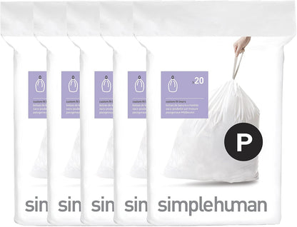 simplehuman Code P 100 Count Custom Fit Liners, Drawstring Kitchen Trash Bags, One-by-One Mess-Free Dispense, Extra Thick & Double Seamed, 50% PCR Plastic, 50-60 Liter / 13-16 Gallon, White