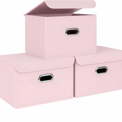 STOREONE Fabric Storage Cube Bins Foldable Organizer Container Collapsible Basket with Lids and Metal Handles, for Home, Bedroom, Closet (Black, 3 Pcs)