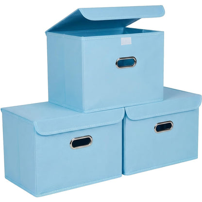 STOREONE Fabric Storage Cube Bins Foldable Organizer Container Collapsible Basket with Lids and Metal Handles, for Home, Bedroom, Closet (Black, 3 Pcs)