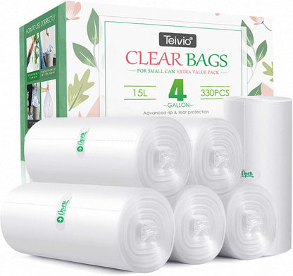 Teivio Small Clear Trash Bags 4 Gallon 330 Count Bathroom Garbage Bags