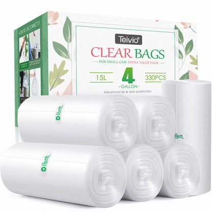 Teivio Small Clear Trash Bags 4 Gallon 330 Count Bathroom Garbage Bags