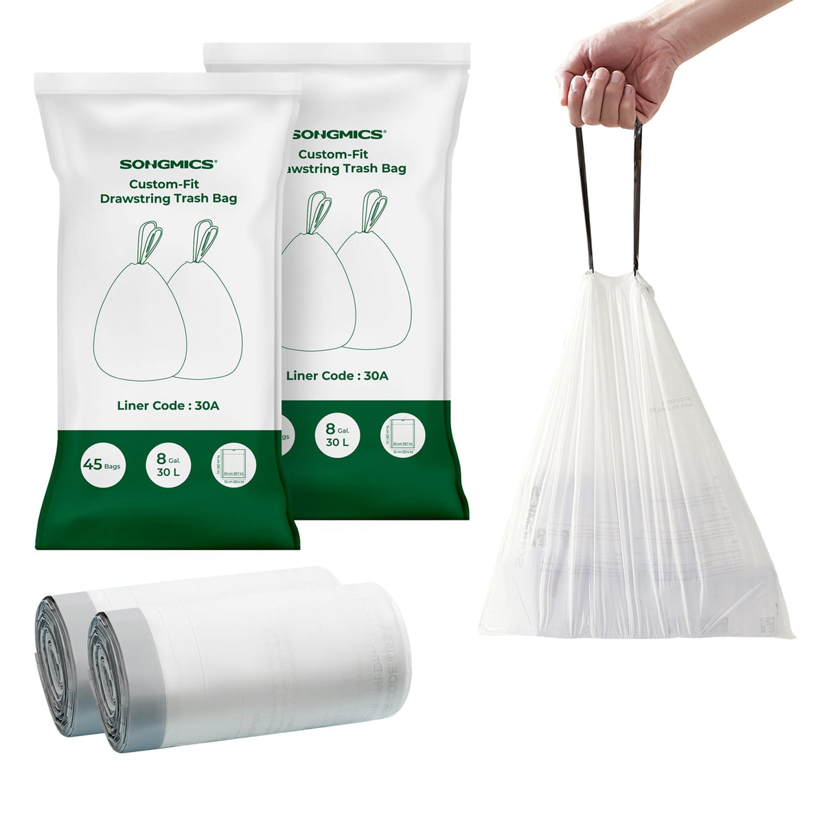 SONGMICS Trash Bags, for 8-Gallon (30 L) Trash Can, 2 Rolls, 90 Count