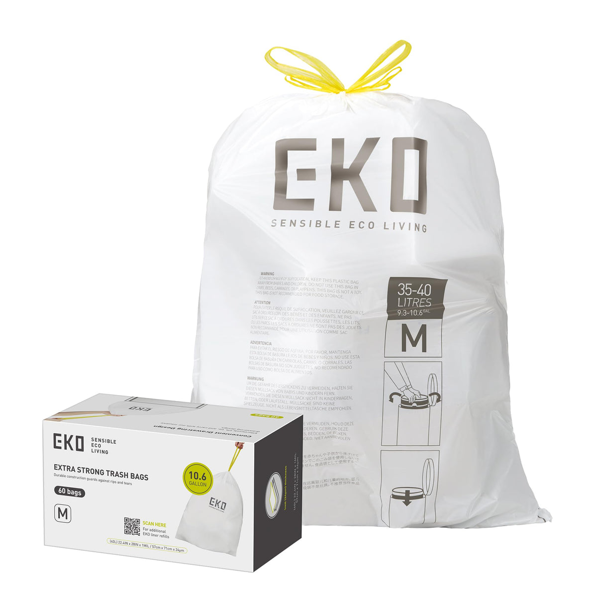 EKO 21 Gallon / 50-90 Liter, 60 Count Drawstring Trash Bags, Extra-Strong Unscented Garbage Bags, Easy-Dispense Roll for Kitchen & Household Use, Code G, White