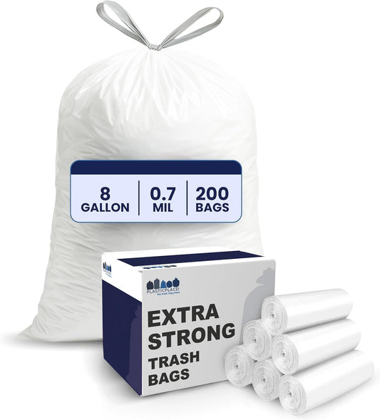 Plasticplace 8 Gallon Trash Bags -White Drawstring Garbage Can Liners - 200 Count - Leak-Resistant and Tear-Proof for Kitchen, Bathroom, Office, and Small Trash Cans 0.7 Mil