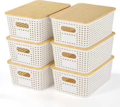 Ohmlove 6 Pack Plastic Storage Baskets with Bamboo Lids for Organization