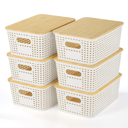 Ohmlove 6 Pack Plastic Storage Baskets with Bamboo Lids for Organization