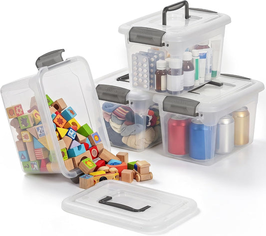 Citylife 4 Packs 6 QT Storage Bins with Lids Clear Plastic Bins with Grey Handle Stackable Storage Containers for Organizing