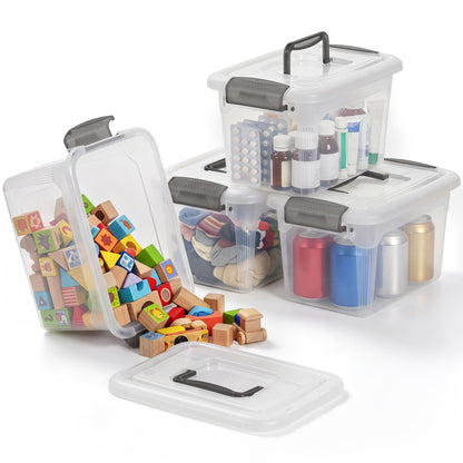 Citylife 4 Packs 6 QT Storage Bins with Lids Clear Plastic Bins with Grey Handle Stackable Storage Containers for Organizing