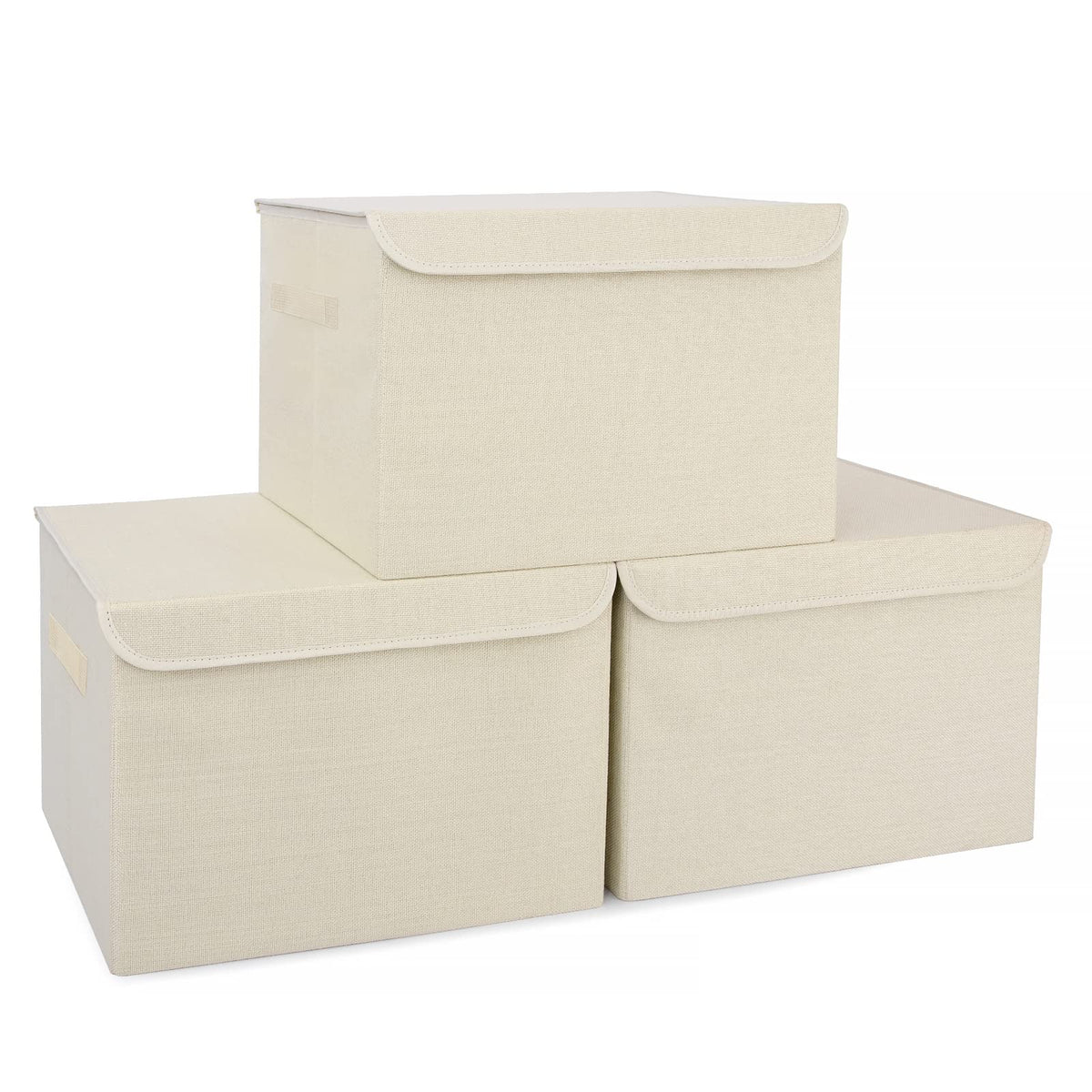 Bagnizer Large 17" 42 Quarts Collapsible Stackable Storage Bins with Lids [3-Pack] Foldable Fabric Linen Storage Boxes Cube, Closet Organizer Baskets with Label (16.7 x 12 x 12, Black)