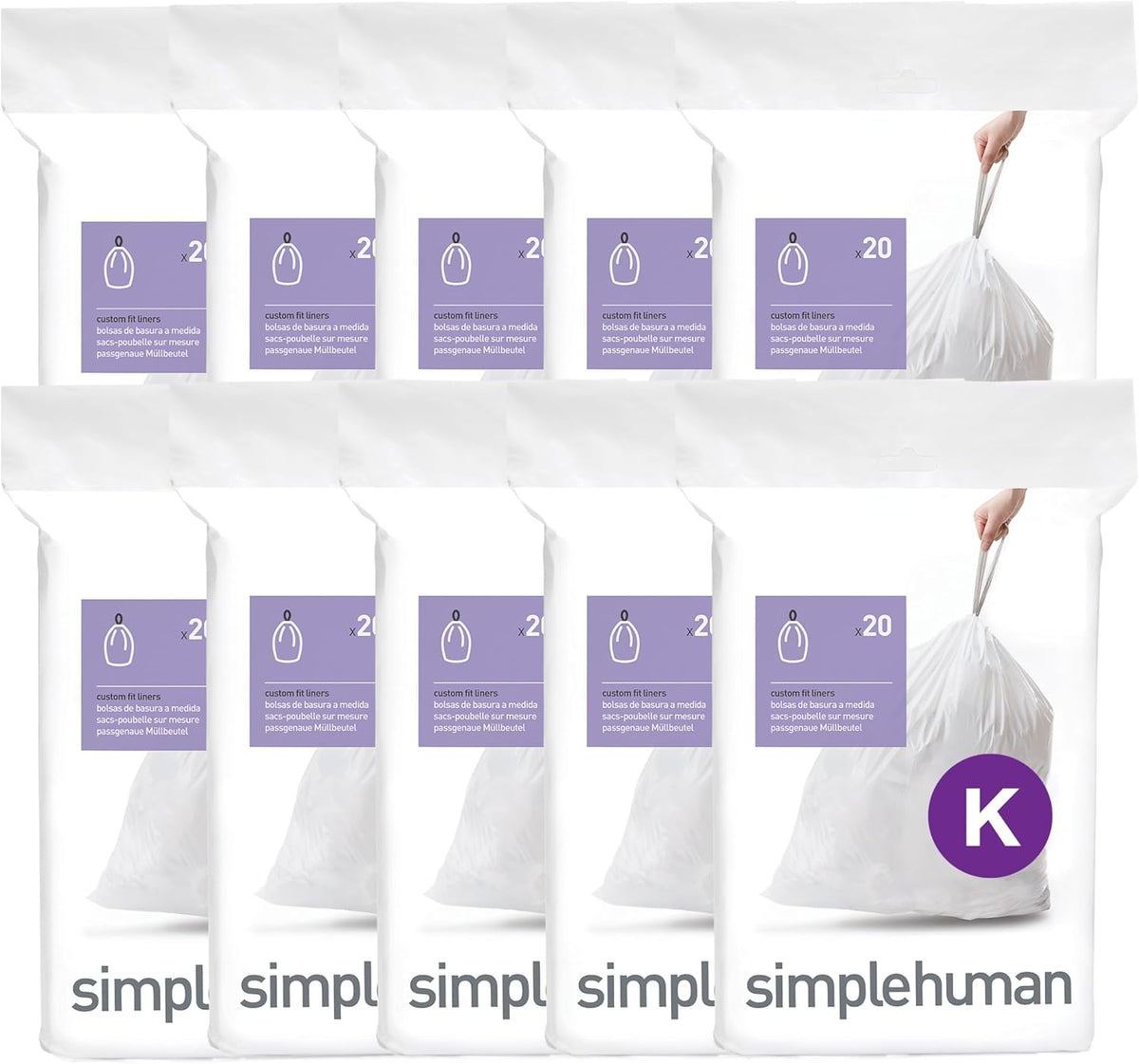simplehuman Code K 60 Count Custom Fit Liners, Drawstring Kitchen Trash Bags, One-by-One Mess-Free Dispense, Extra Thick & Double Seamed, 50% PCR Plastic, 30-45 Liter / 8-12 Gallon, White