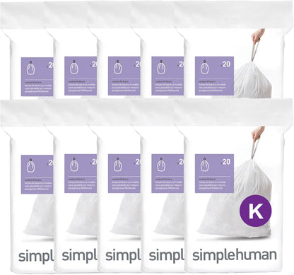 simplehuman Code K 60 Count Custom Fit Liners, Drawstring Kitchen Trash Bags, One-by-One Mess-Free Dispense, Extra Thick & Double Seamed, 50% PCR Plastic, 30-45 Liter / 8-12 Gallon, White