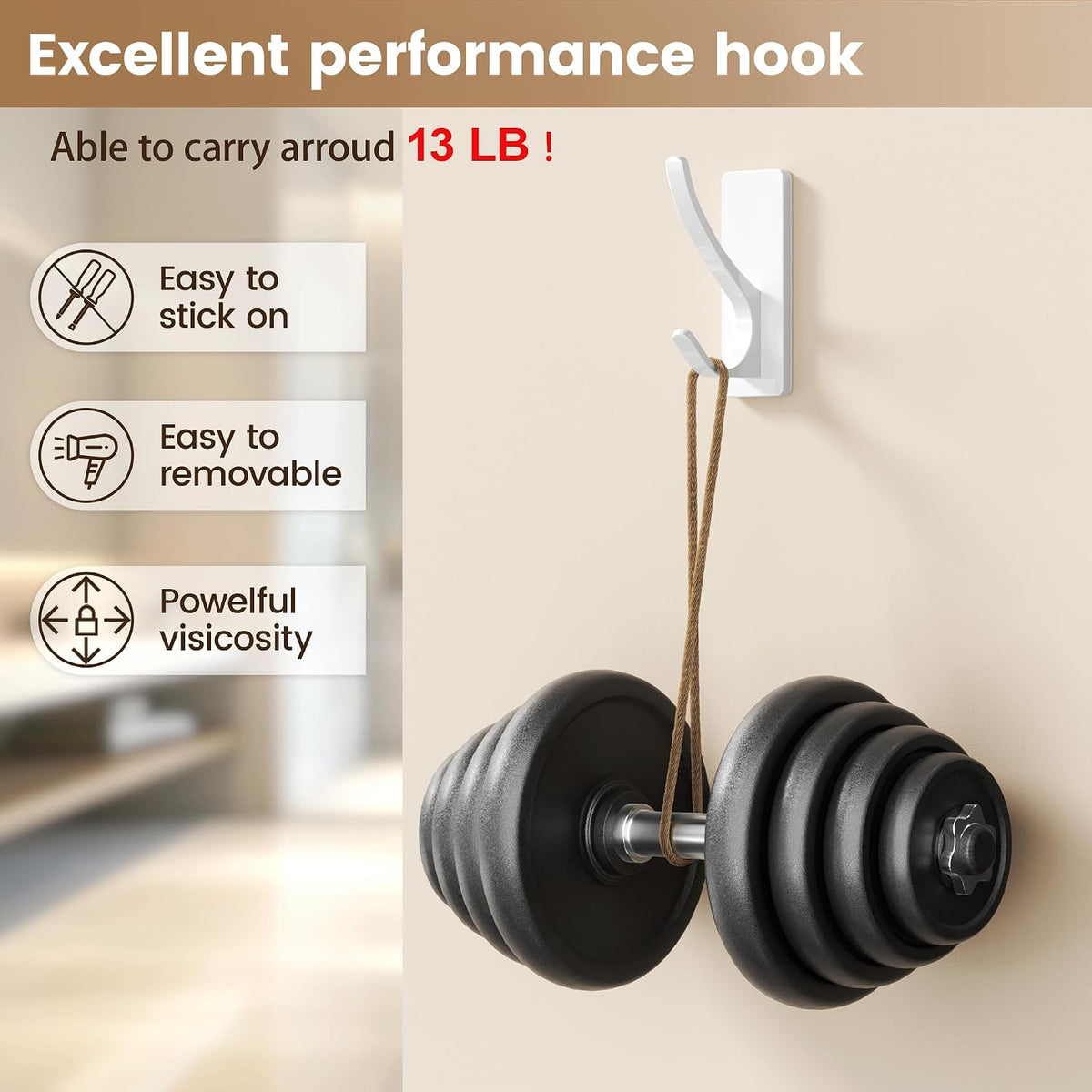 pickpiff White Self-Adhesive Hook, 13LB Hanger for Coat/Towel, 4-Pack