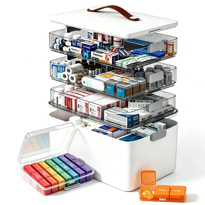 funest 4- Tier Medicine Storage Box Organizer Portable First Aid kit Box Sewing, Art, Craft with Handle, Multipurpose Medical Supply Organizer with Removable Tray