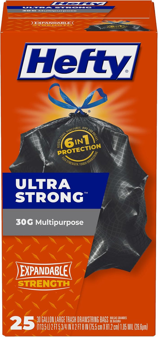 Hefty Ultra Strong 30 Gal Large Trash Bags, Black, Unscented, 25ct