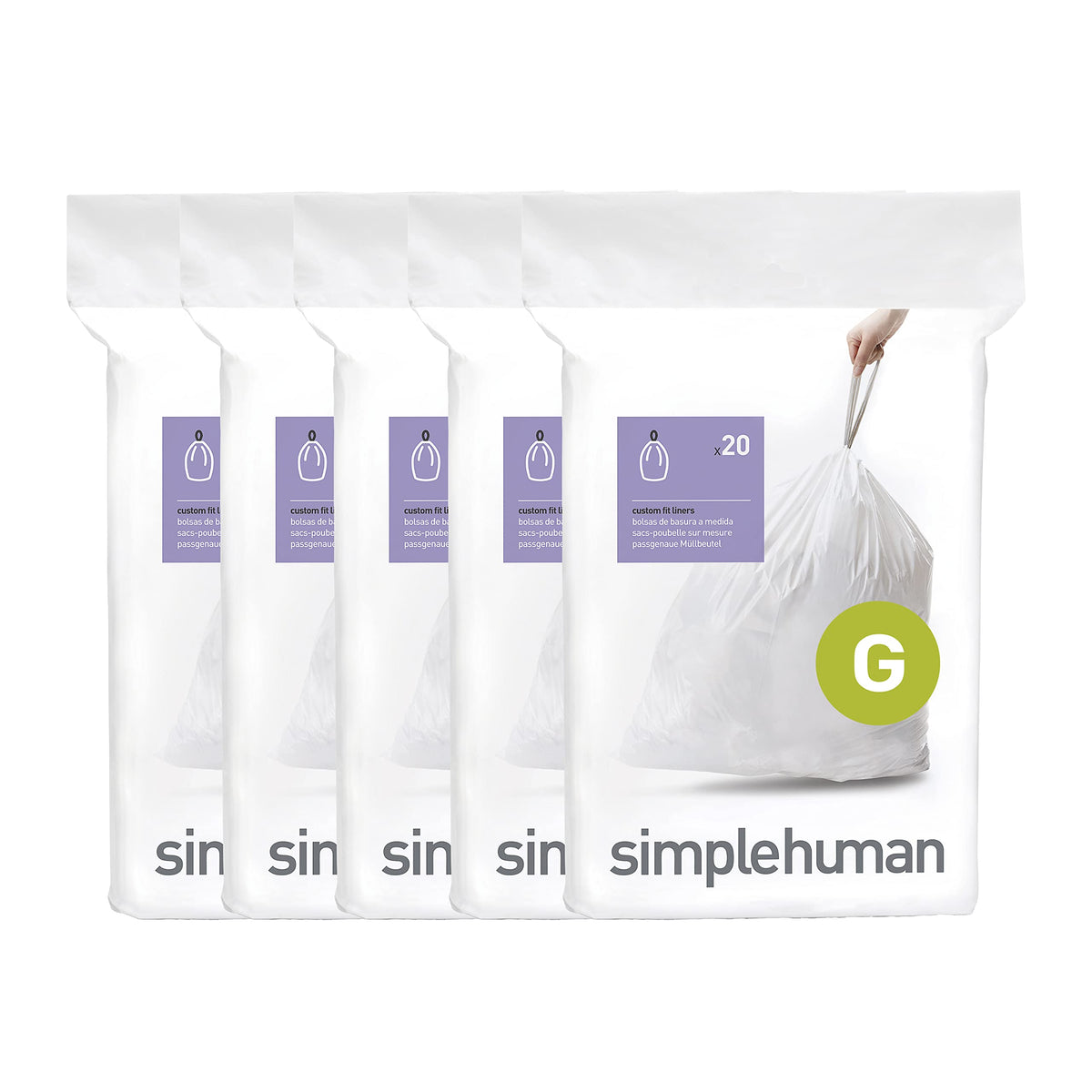 simplehuman Code G 60 Count Custom Fit Liners, Drawstring Kitchen Trash Bags, One-by-One Mess-Free Dispense, Extra Thick & Double Seamed, 50% PCR Plastic, 30 Liter / 8 Gallon, White