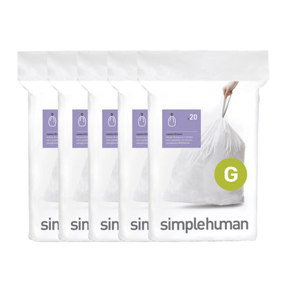simplehuman Code G 60 Count Custom Fit Liners, Drawstring Kitchen Trash Bags, One-by-One Mess-Free Dispense, Extra Thick & Double Seamed, 50% PCR Plastic, 30 Liter / 8 Gallon, White