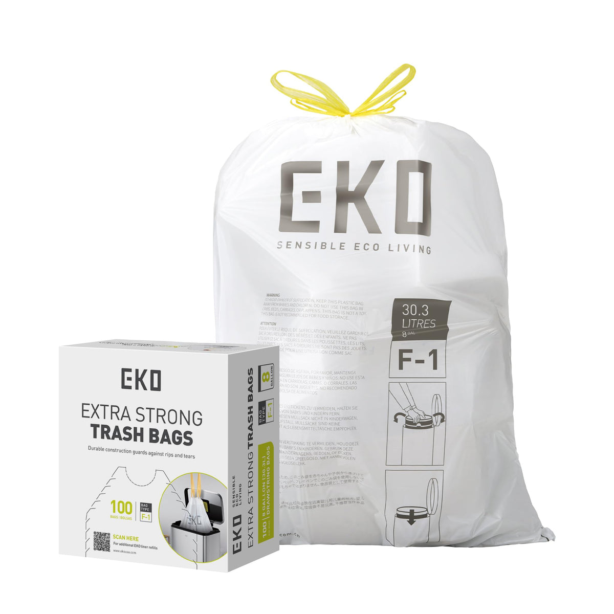 EKO 21 Gallon / 50-90 Liter, 60 Count Drawstring Trash Bags, Extra-Strong Unscented Garbage Bags, Easy-Dispense Roll for Kitchen & Household Use, Code G, White