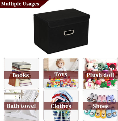 STOREONE Fabric Storage Cube Bins Foldable Organizer Container Collapsible Basket with Lids and Metal Handles, for Home, Bedroom, Closet (Black, 3 Pcs)