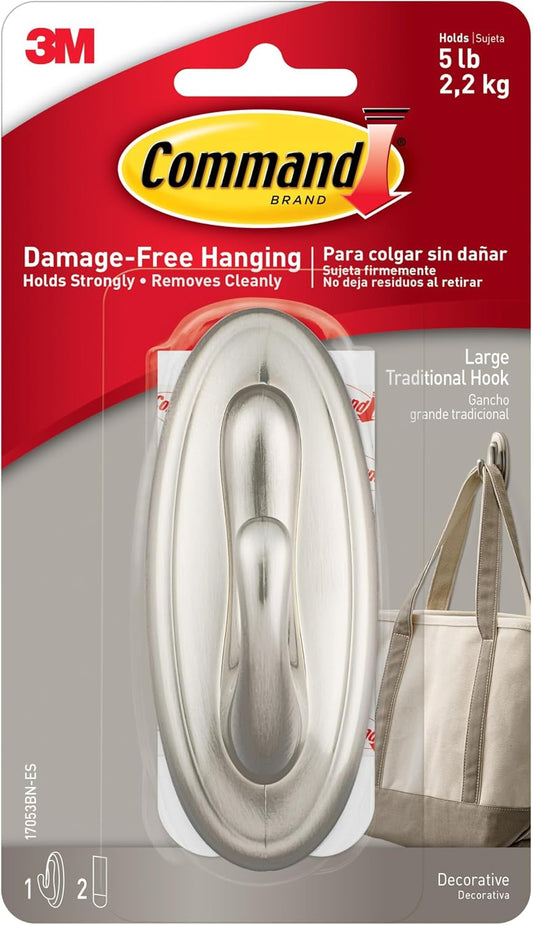 Command 5 lb Large Brushed Nickel Color Hook, 1 Hook and 2 Command Strips, Damage-Free Coat Hooks with Adhesive Strips, Traditional Hooks for Hanging Home Decor and Room Decor