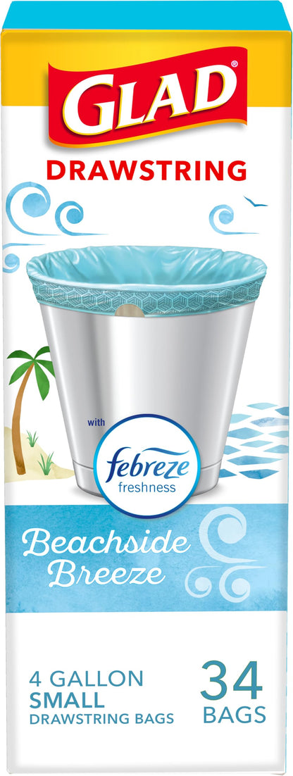 Glad Small Trash Bags, Great for Office, Bathrooms and Bedroom Bins, Beachside Breeze Scented Garbage Bags, Odor Resistant with Drawstring, Febreze Freshness, 4 Gallon Trash Bags, 80 Count
