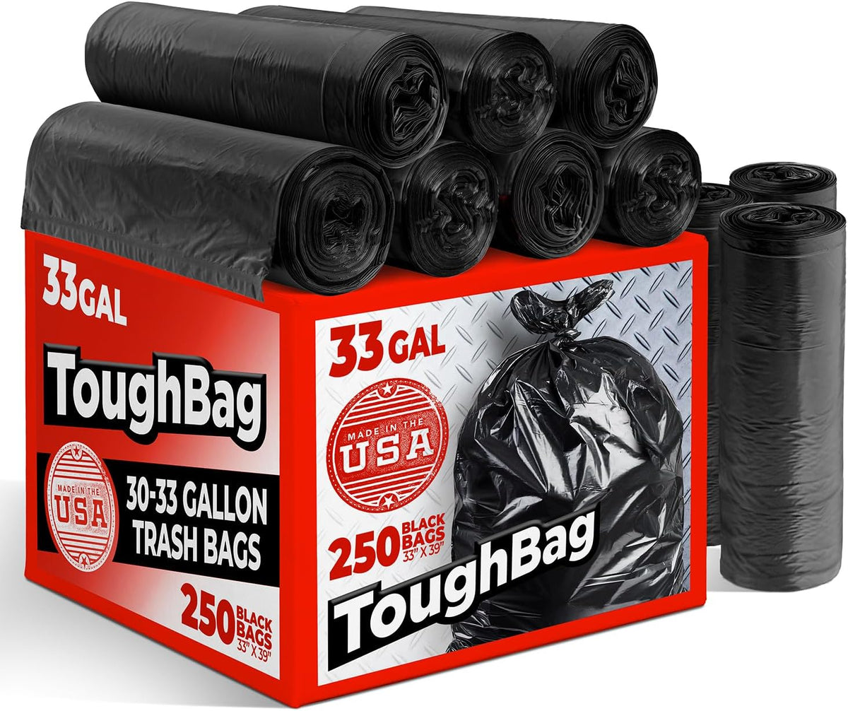 ToughBag 33 Gallon Trash Bags, 250 Count, Black