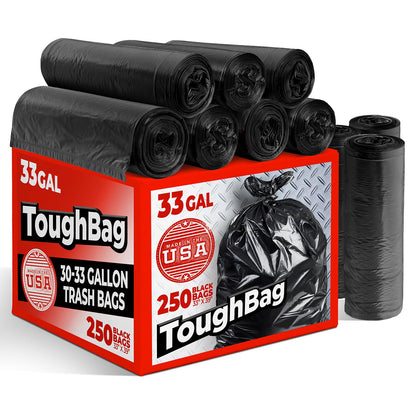 ToughBag 33 Gallon Trash Bags, 250 Count, Black