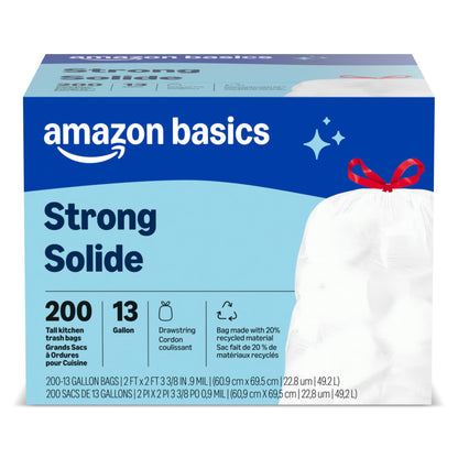Amazon Basics Trash Bags, Tall Kitchen Drawstring, Unscented, 13 Gallon, 120 Count, Pack of 1, Packaging May Vary