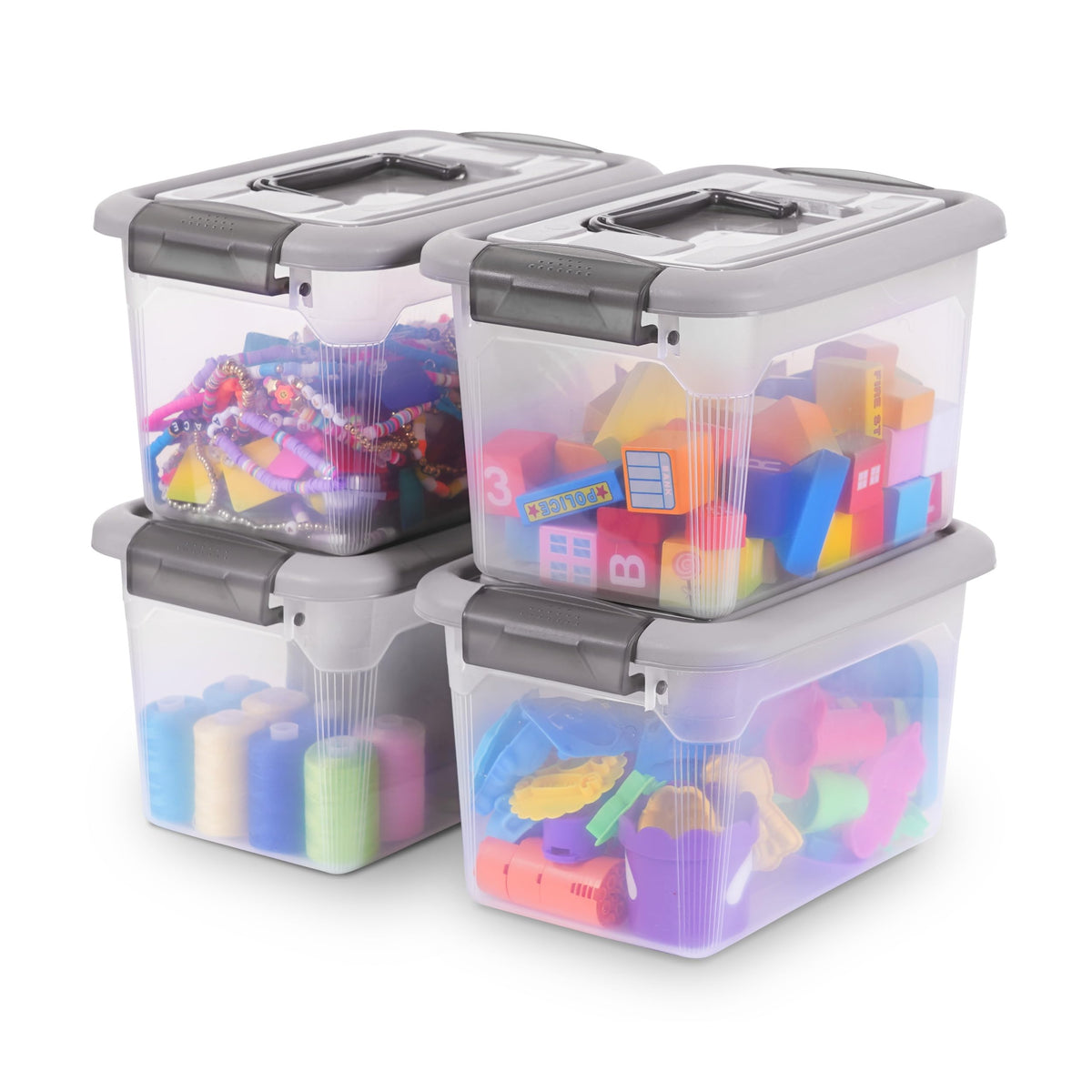 Citylife 4 Packs 6 QT Storage Bins with Lids Clear Plastic Bins with Grey Handle Stackable Storage Containers for Organizing