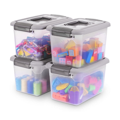 Citylife 4 Packs 6 QT Storage Bins with Lids Clear Plastic Bins with Grey Handle Stackable Storage Containers for Organizing