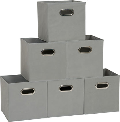 Household Essentials Foldable Fabric Storage Bins 6 Piece Set, Strong Poly-Woven Fabric, Sturdy Chipboard Sides, Grommet Front Handle, Stackable, Classic Design, Black