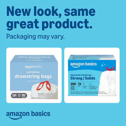 Amazon Basics Scented Trash Bags, Tall Kitchen Drawstring, Clean Scent, 13 Gallon, 200 Count, Pack of 1, Packaging May Vary