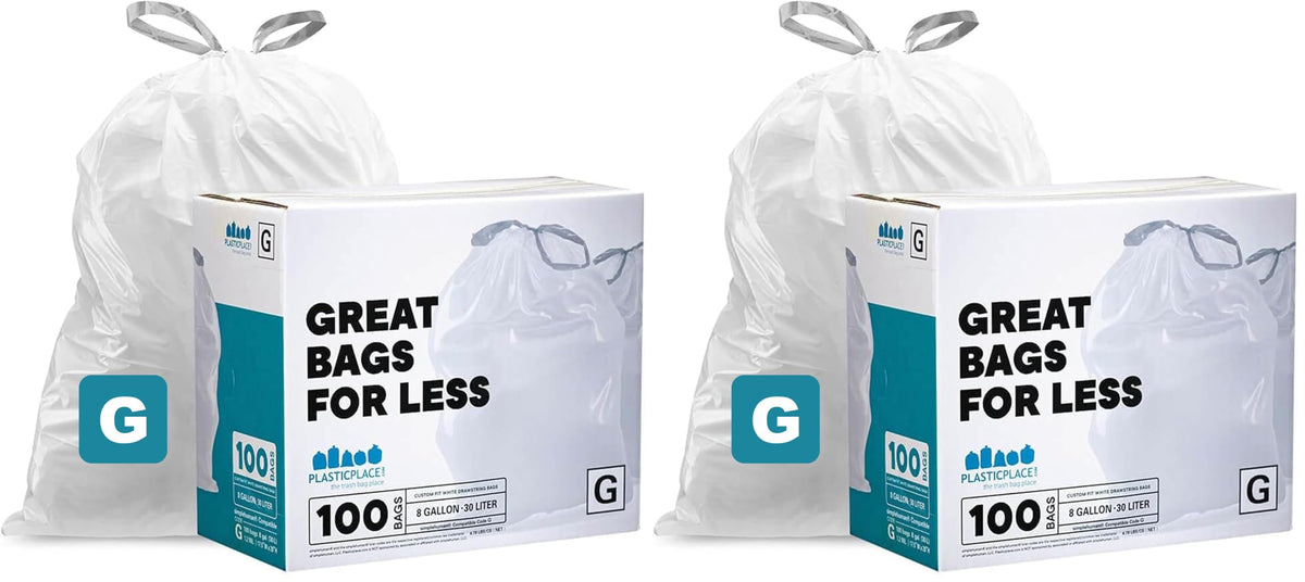 Plasticplace Custom Fit Trash Bags, Compatible with simplehuman Code G (100 Count) White Drawstring Garbage Liners 8 Gallon / 30 Liters, 17.5" x 28"