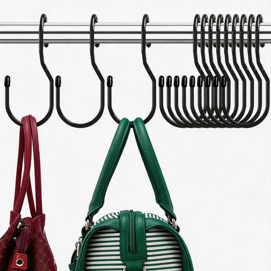 Purse Hanger for Closet, Unique Twist Design Bag Hanger Purse Hooks, 5 inch Large Size Closet Rod Hooks for Hanging Bags, Purses, Handbags, Belts, Scarves, Hats,Clothes, Pans and Pots (12 Pack Black)