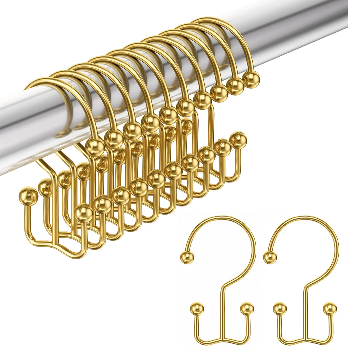 Amazer Shower Curtain Hooks, Decorative Rust Proof Stainless Steel Shower Curtain Hooks for Bathroom Shower Rods Set of 12, Polished Nickel