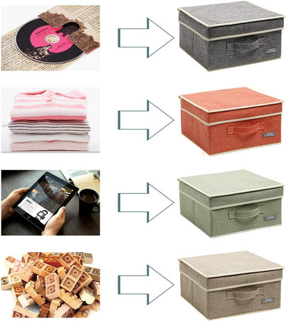 YueYue Fabric Storage Bins with Lids Small 4 Pack, Linen Foldable Storage Box with lids 4 Color Set 12.4in/12in/6.7in