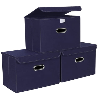 STOREONE Fabric Storage Cube Bins Foldable Organizer Container Collapsible Basket with Lids and Metal Handles, for Home, Bedroom, Closet (Black, 3 Pcs)
