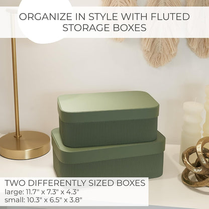 Decorative Storage Boxes with Lids - Set of 2 Fluted Photo Organizer Bins