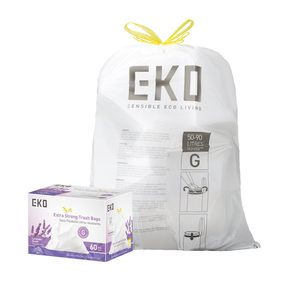 EKO 21 Gallon / 50-90 Liter, 60 Count Drawstring Trash Bags, Extra-Strong Unscented Garbage Bags, Easy-Dispense Roll for Kitchen & Household Use, Code G, White