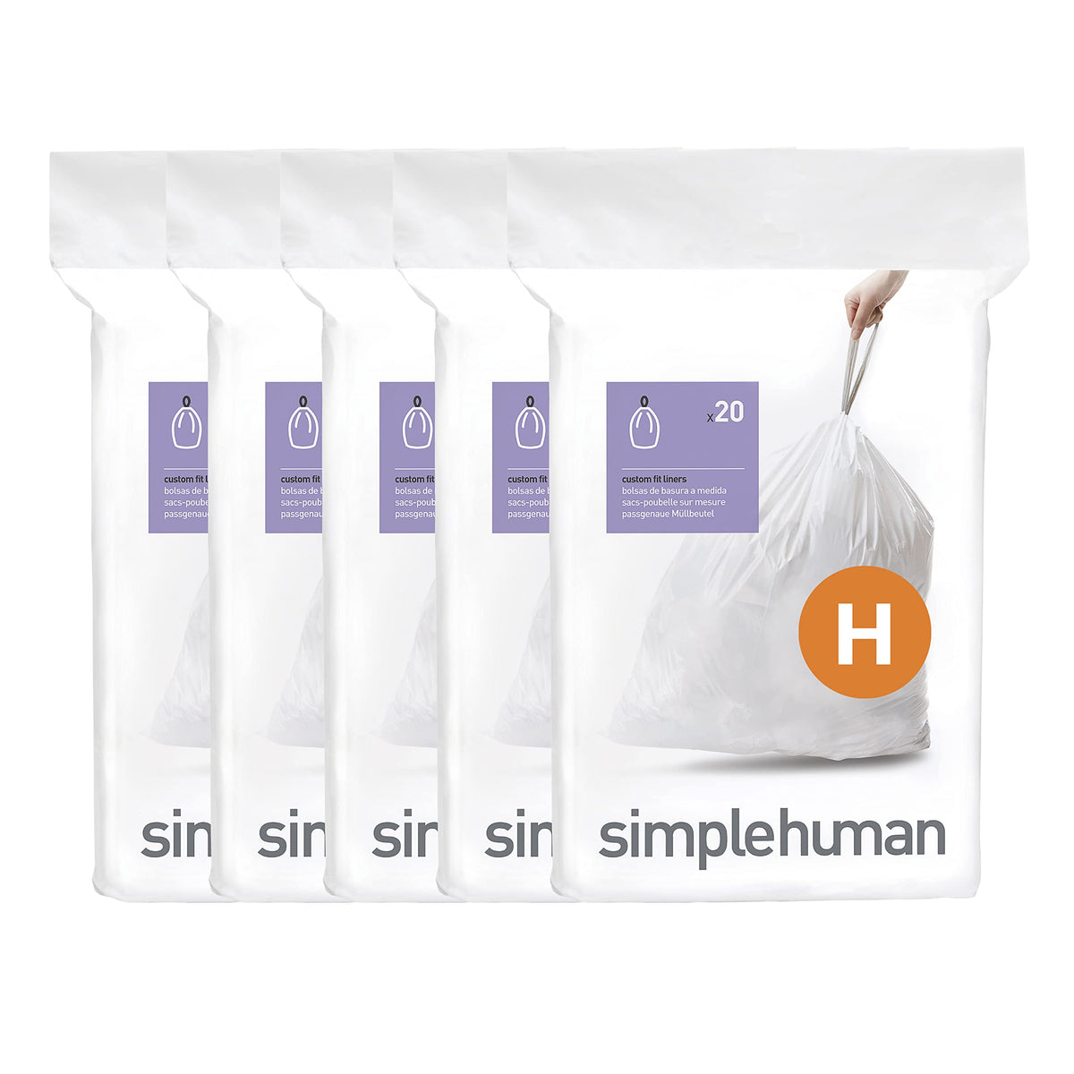simplehuman Code H 60 Count Custom Fit Liners, Drawstring Kitchen Trash Bags, One-by-One Mess-Free Dispense, Extra Thick & Double Seamed, 50% PCR Plastic, 30-35 Liter / 8-9 Gallon, White
