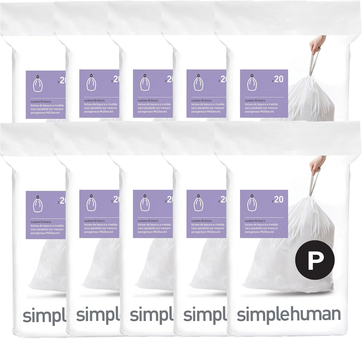 simplehuman Code P 60 Count Custom Fit Liners, Drawstring Kitchen Trash Bags, One-by-One Mess-Free Dispense, Extra Thick & Double Seamed, 50% PCR Plastic, 50-60 Liter / 13-16 Gallon, White