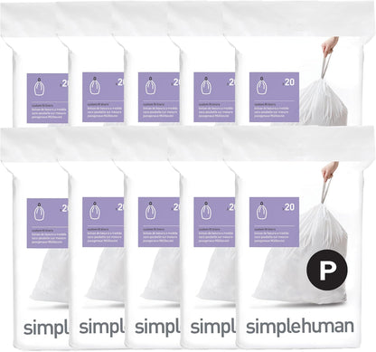 simplehuman Code P 60 Count Custom Fit Liners, Drawstring Kitchen Trash Bags, One-by-One Mess-Free Dispense, Extra Thick & Double Seamed, 50% PCR Plastic, 50-60 Liter / 13-16 Gallon, White