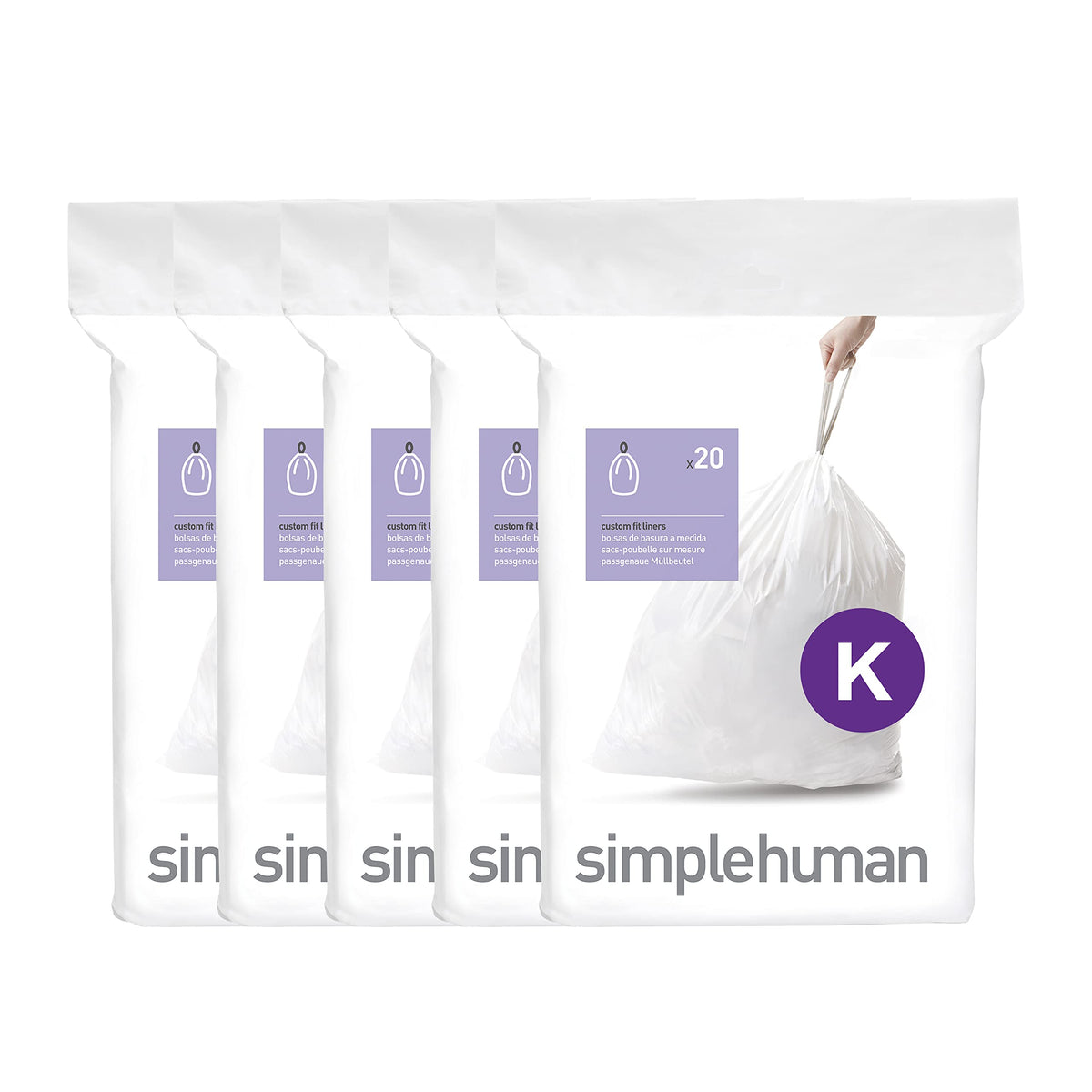 simplehuman Code K 60 Count Custom Fit Liners, Drawstring Kitchen Trash Bags, One-by-One Mess-Free Dispense, Extra Thick & Double Seamed, 50% PCR Plastic, 30-45 Liter / 8-12 Gallon, White