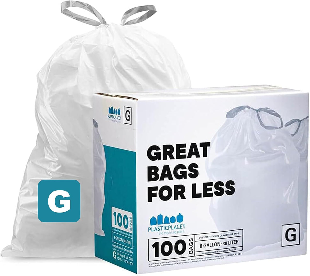 Plasticplace Custom Fit Trash Bags, Compatible with simplehuman Code G (100 Count) White Drawstring Garbage Liners 8 Gallon / 30 Liters, 17.5" x 28"