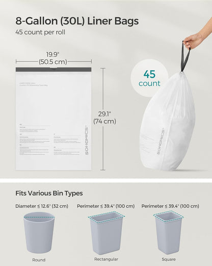 SONGMICS Trash Bags, for 8-Gallon (30 L) Trash Can, 2 Rolls, 90 Count