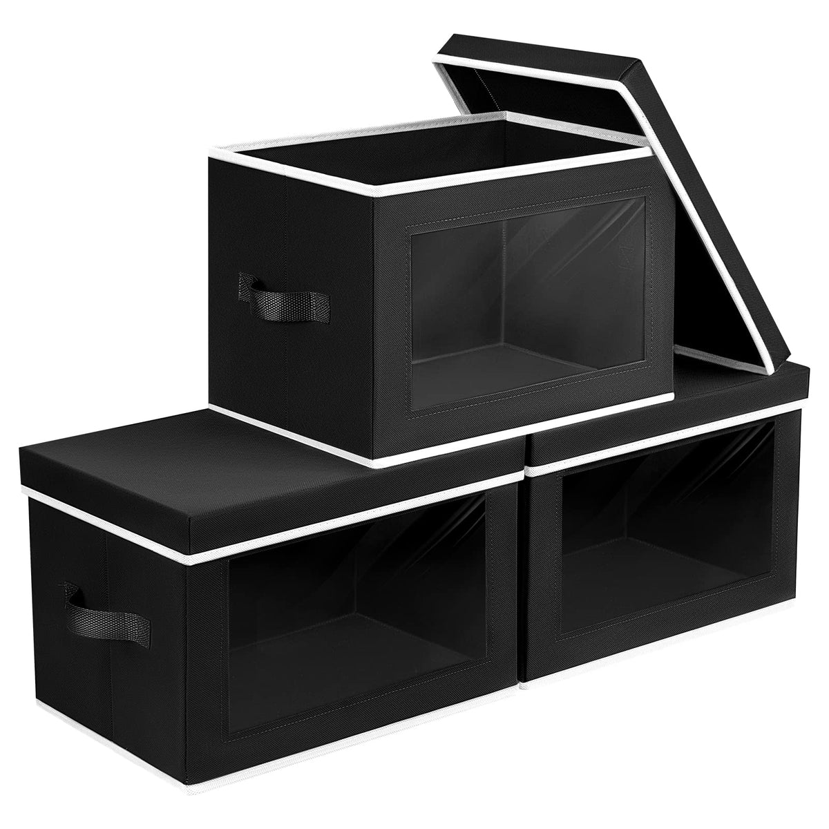 Homsorout Storage Bins with Lids - Fabric Storage Boxes with Window, Collapsible Closet Organizers with Handles, 3 Pack Decorative Bin, Home Cubes Baskets for Clothes, Hat, Books, Dark Grey