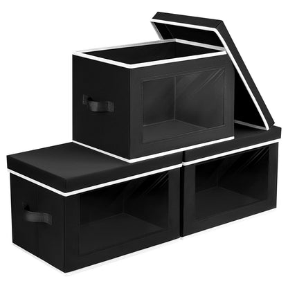 Homsorout Storage Bins with Lids - Fabric Storage Boxes with Window, Collapsible Closet Organizers with Handles, 3 Pack Decorative Bin, Home Cubes Baskets for Clothes, Hat, Books, Dark Grey