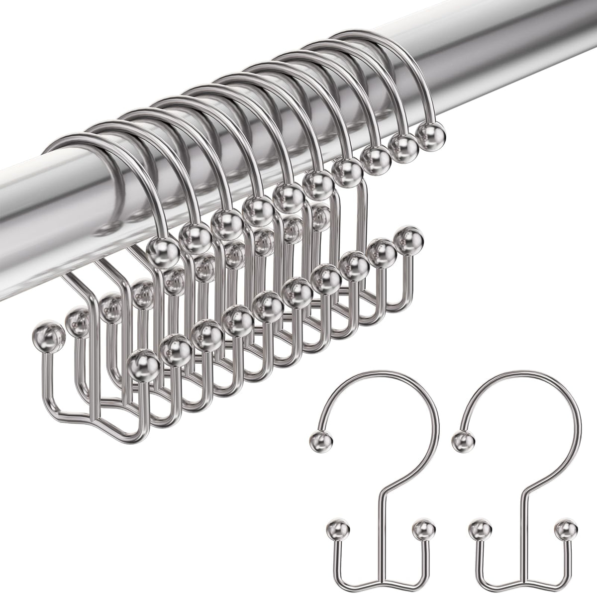 Amazer Shower Curtain Hooks, Decorative Rust Proof Stainless Steel Shower Curtain Hooks for Bathroom Shower Rods Set of 12, Polished Nickel