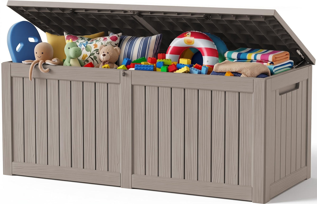 Outdoor Storage Box, 360 Gallon Waterproof Resin Deck Box with Support Rod