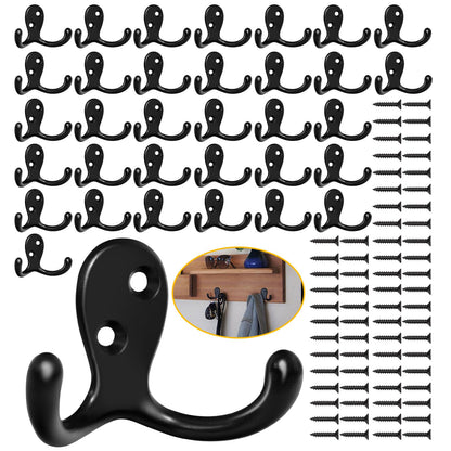 Homanu 14 Pack Black Coat Hooks Wall Mounted Double Prong with 28 Screws