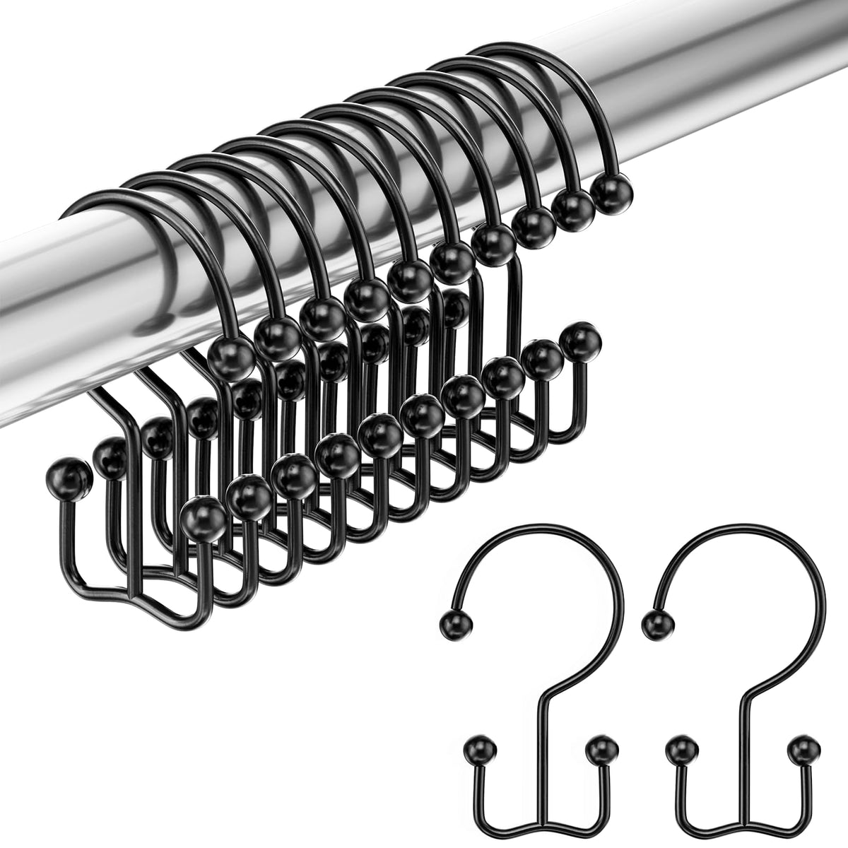 Amazer Shower Curtain Hooks, Decorative Rust Proof Stainless Steel Shower Curtain Hooks for Bathroom Shower Rods Set of 12, Polished Nickel
